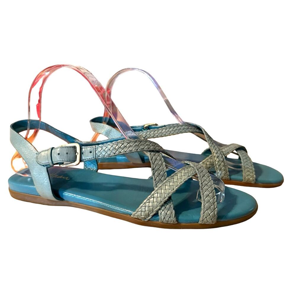 Cole Haan Braided Leather Open Toe Sandals Strappy Flats Blue Shoes sz 9 B